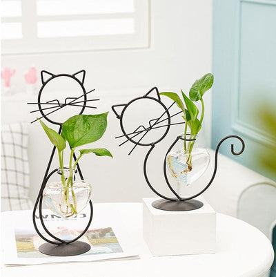 Iron Kitty Cat with Glass Heart Vase Propagation Station Planters 1pc Sitting Cat & 1pc Playing Cat | Lily & Eden