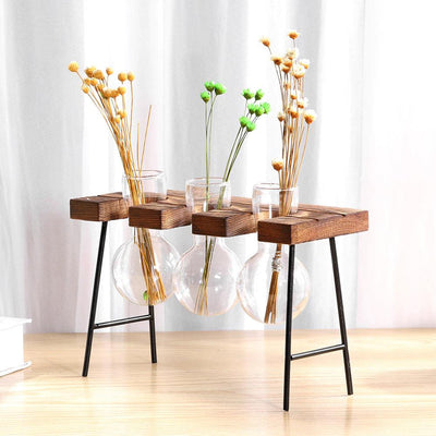 Glass Plant Vase with Metal and Wooden Stand - Lily & Eden