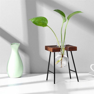 Glass Plant Vase with Metal and Wooden Stand - Lily & Eden