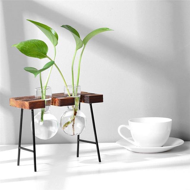 Glass Plant Vase with Metal and Wooden Stand - Lily & Eden