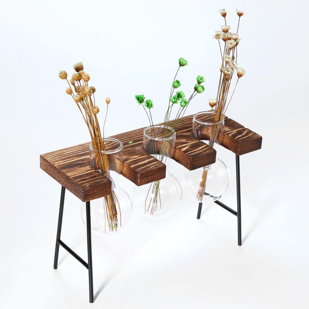 Glass Plant Vase with Metal and Wooden Stand - Lily & Eden