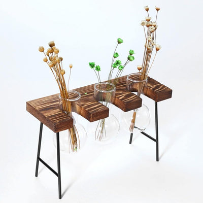 Glass Plant Vase with Metal and Wooden Stand - Lily & Eden